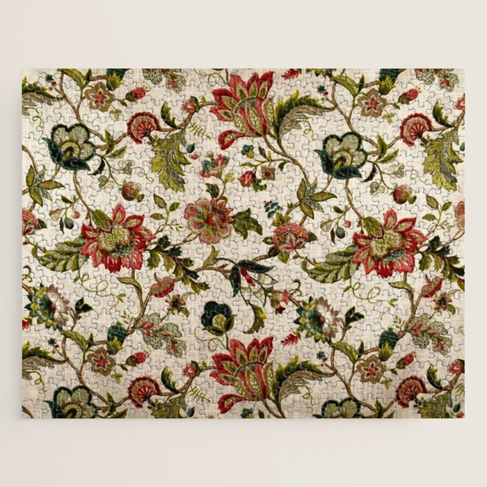 Red Green Jacobean Floral Embroidery Pattern Jigsaw Puzzle Gallery Image 1