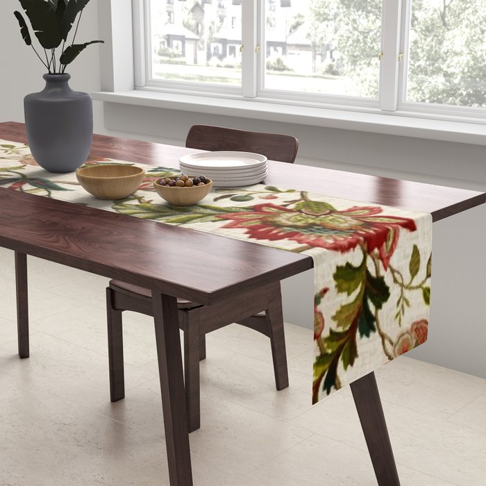 Red Green Jacobean Floral Embroidery Pattern Table Runner Gallery Image 2