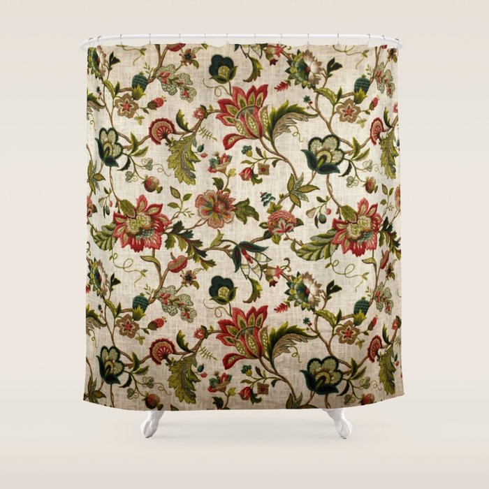 Red Green Jacobean Floral Embroidery Pattern Shower Curtain Gallery Image 1