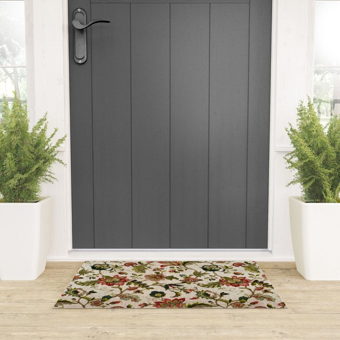 Red Green Jacobean Floral Embroidery Pattern Welcome Mat Gallery Image 3