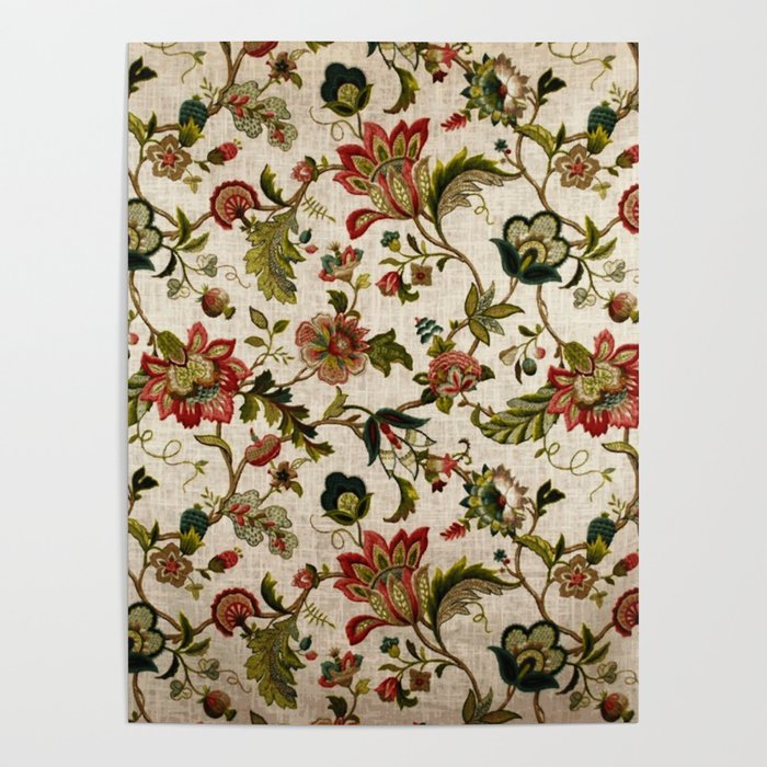 Red Green Jacobean Floral Embroidery Pattern Poster Gallery Image 1