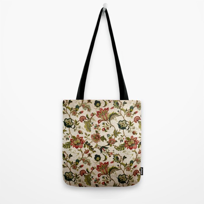 Red Green Jacobean Floral Embroidery Pattern Tote Bag Gallery Image 2
