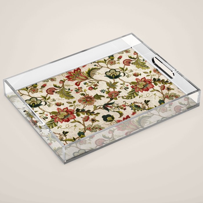 Red Green Jacobean Floral Embroidery Pattern Acrylic Tray Gallery Image 1