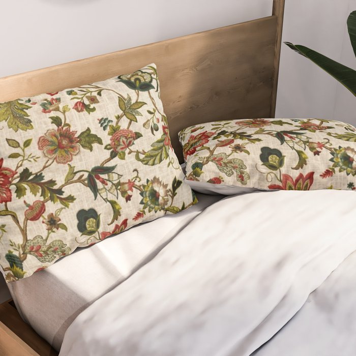 Red Green Jacobean Floral Embroidery Pattern Pillow Sham Gallery Image 2