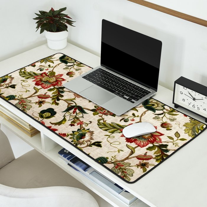Red Green Jacobean Floral Embroidery Pattern Desk Mat Gallery Image 2
