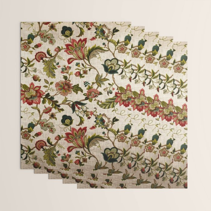 Red Green Jacobean Floral Embroidery Pattern Wrapping Paper Gallery Image 3