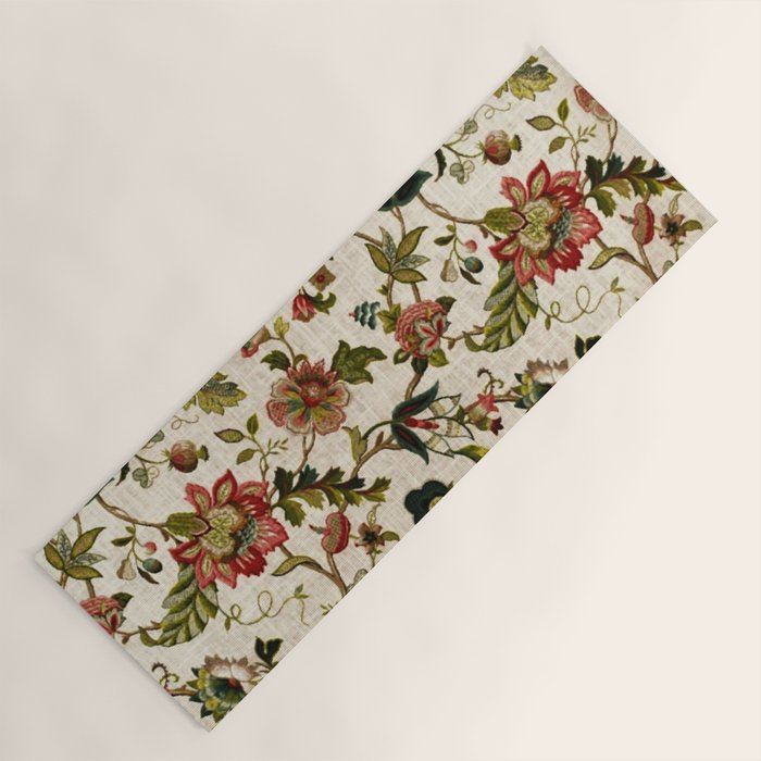 Red Green Jacobean Floral Embroidery Pattern Yoga Mat Gallery Image 1