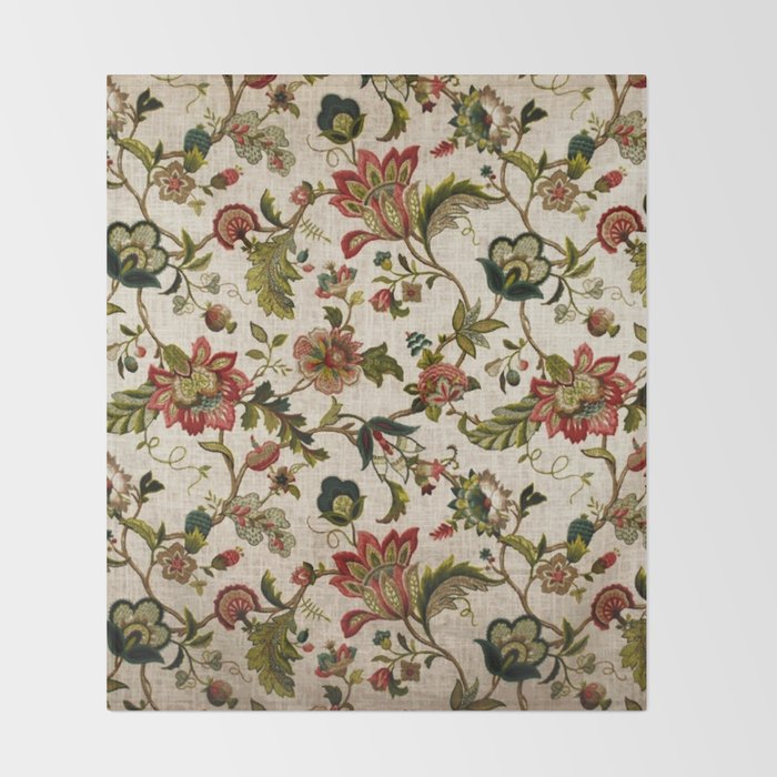 Red Green Jacobean Floral Embroidery Pattern Throw Blanket Gallery Image 2