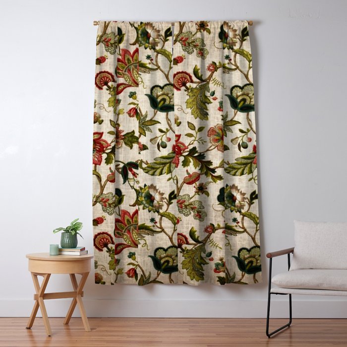 Red Green Jacobean Floral Embroidery Pattern Window Curtain Gallery Image 1