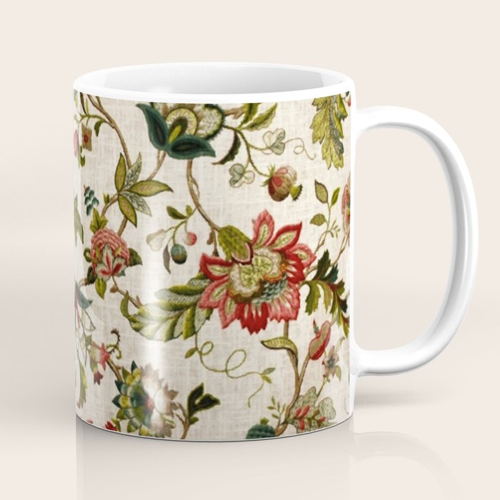 Red Green Jacobean Floral Embroidery Pattern Coffee Mug Gallery Image 1