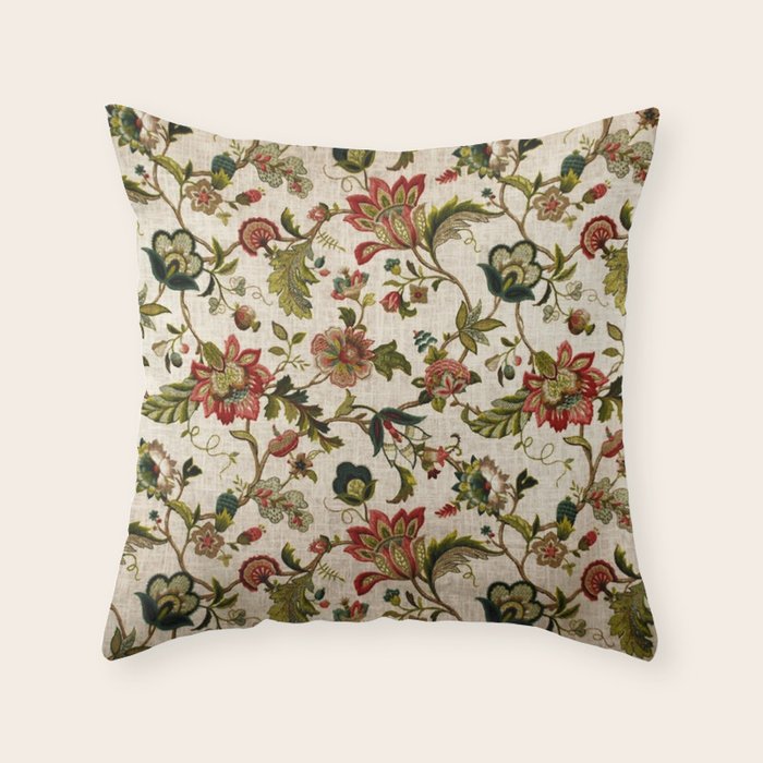 Red Green Jacobean Floral Embroidery Pattern Throw Pillow Gallery Image 6
