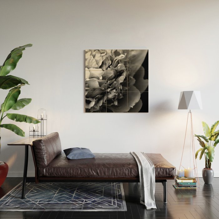 Black and White Summer Peony Wood Wall Art Gallery Image 2