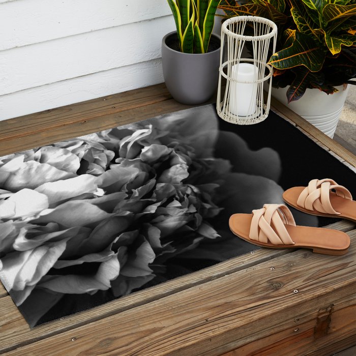 Black and White Summer Peony Outdoor Rug Gallery Image 2