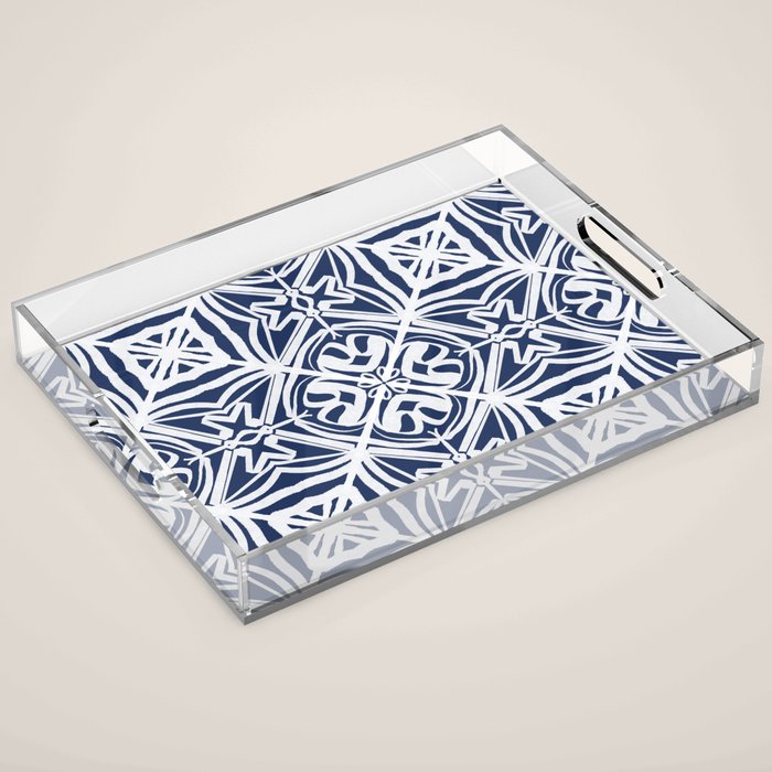 Blue tile brushstroke pattern Acrylic Tray Gallery Image 1