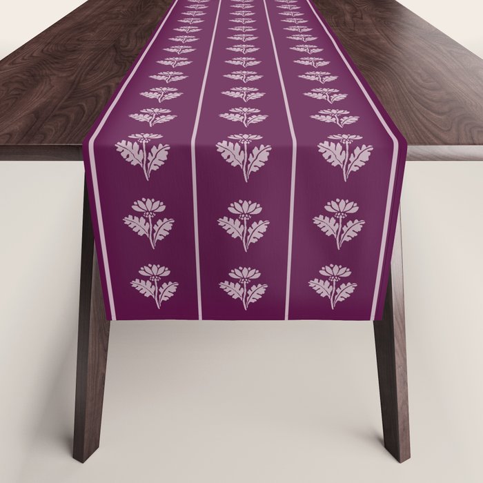 Jewel Tone Vintage Cottage Flowers and Stripes Pattern in Plum Aubergine Table Runner Gallery Image 1