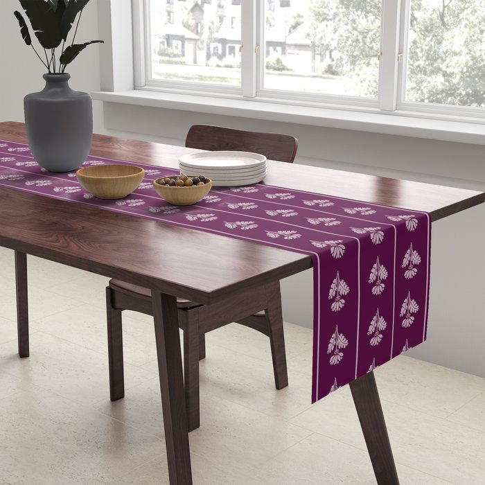 Jewel Tone Vintage Cottage Flowers and Stripes Pattern in Plum Aubergine Table Runner Gallery Image 2