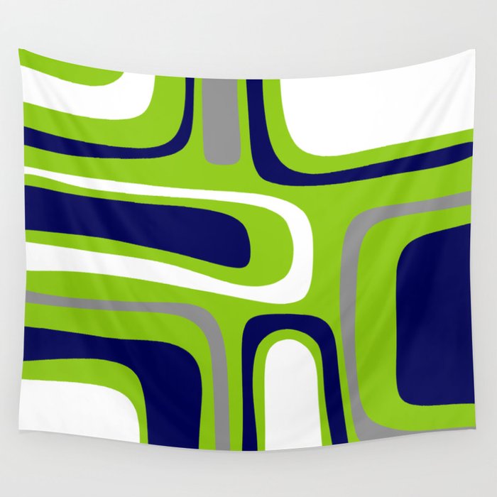 Midcentury Modern Abstract Lime Green Palm Springs Pattern with Navy Blue, Gray, and White Wall Tapestry Gallery Image 4