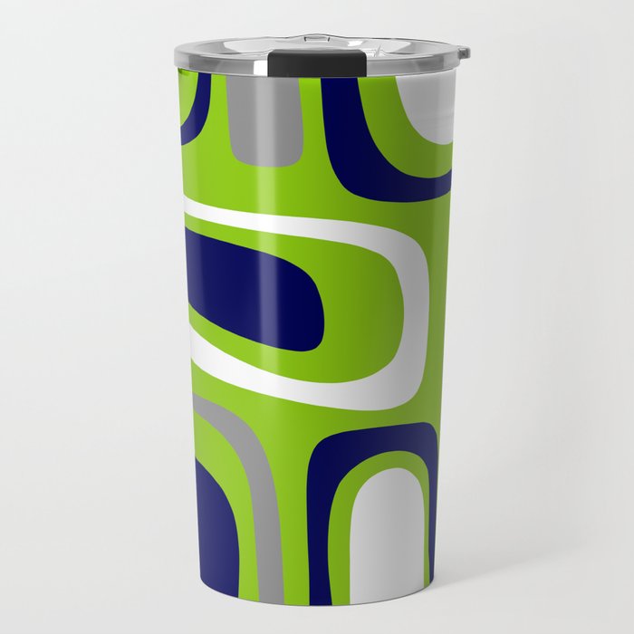 Midcentury Modern Abstract Lime Green Palm Springs Pattern with Navy Blue, Gray, and White Travel Mug Gallery Image 1
