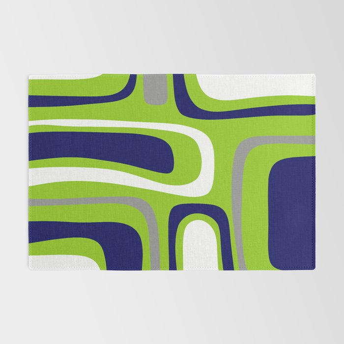 Midcentury Modern Abstract Lime Green Palm Springs Pattern with Navy Blue, Gray, and White Rug Gallery Image 2