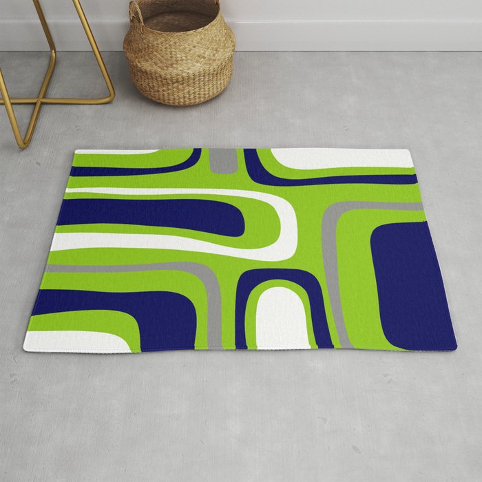 Midcentury Modern Abstract Lime Green Palm Springs Pattern with Navy Blue, Gray, and White Rug Gallery Image 1