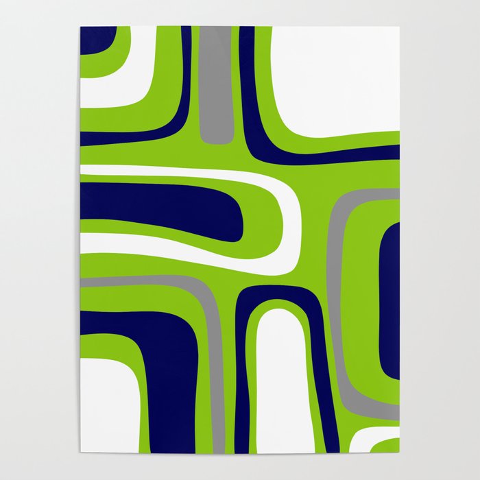 Midcentury Modern Abstract Lime Green Palm Springs Pattern with Navy Blue, Gray, and White Poster Gallery Image 1