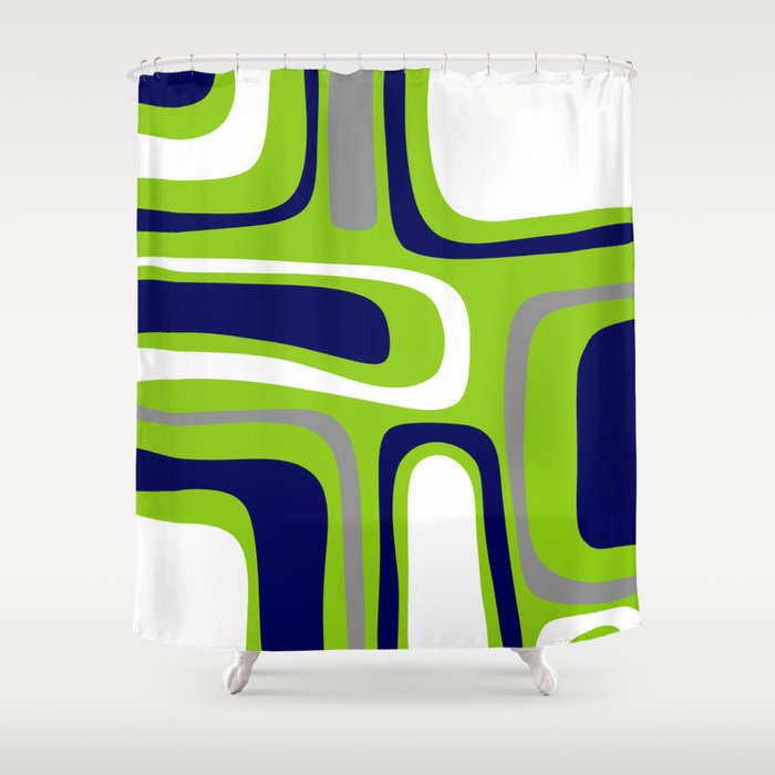 Midcentury Modern Abstract Lime Green Palm Springs Pattern with Navy Blue, Gray, and White Shower Curtain Gallery Image 1