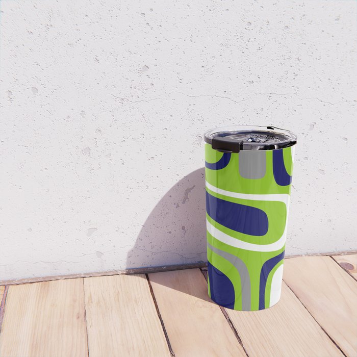Midcentury Modern Abstract Lime Green Palm Springs Pattern with Navy Blue, Gray, and White Travel Mug Gallery Image 4