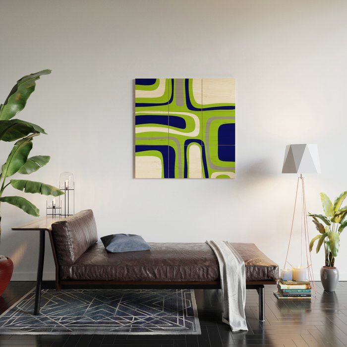 Midcentury Modern Abstract Lime Green Palm Springs Pattern with Navy Blue, Gray, and White Wood Wall Art Gallery Image 2