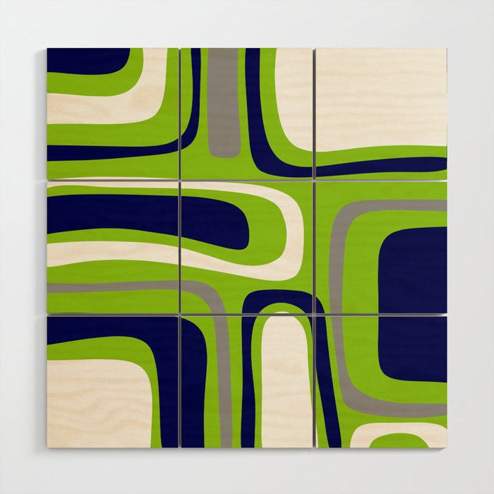 Midcentury Modern Abstract Lime Green Palm Springs Pattern with Navy Blue, Gray, and White Wood Wall Art Gallery Image 1