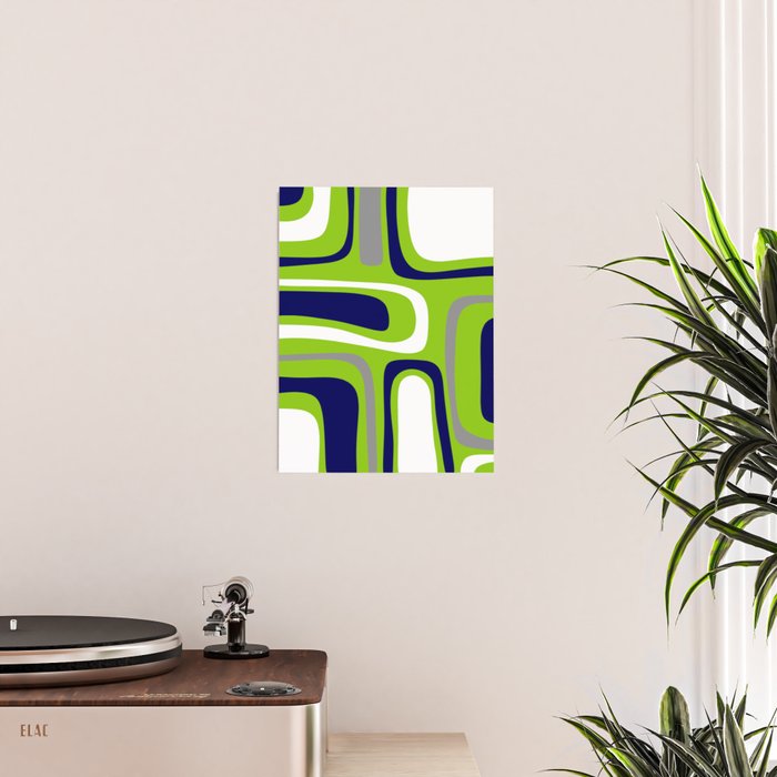 Midcentury Modern Abstract Lime Green Palm Springs Pattern with Navy Blue, Gray, and White Poster Gallery Image 2
