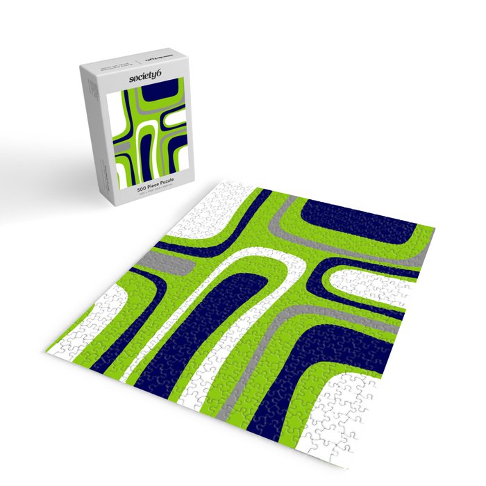 Midcentury Modern Abstract Lime Green Palm Springs Pattern with Navy Blue, Gray, and White Jigsaw Puzzle Gallery Image 2