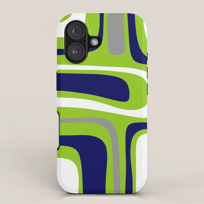 Midcentury Modern Abstract Lime Green Palm Springs Pattern with Navy Blue, Gray, and White iPhone Case Gallery Image 1