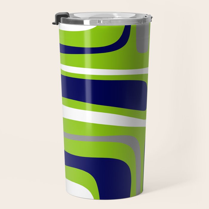 Midcentury Modern Abstract Lime Green Palm Springs Pattern with Navy Blue, Gray, and White Travel Mug Gallery Image 3