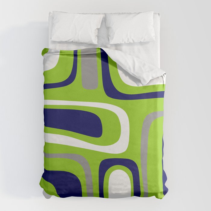 Midcentury Modern Abstract Lime Green Palm Springs Pattern with Navy Blue, Gray, and White Duvet Cover Gallery Image 1