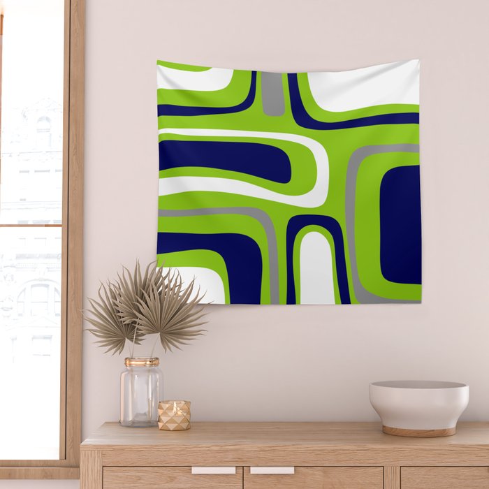 Midcentury Modern Abstract Lime Green Palm Springs Pattern with Navy Blue, Gray, and White Wall Tapestry Gallery Image 2