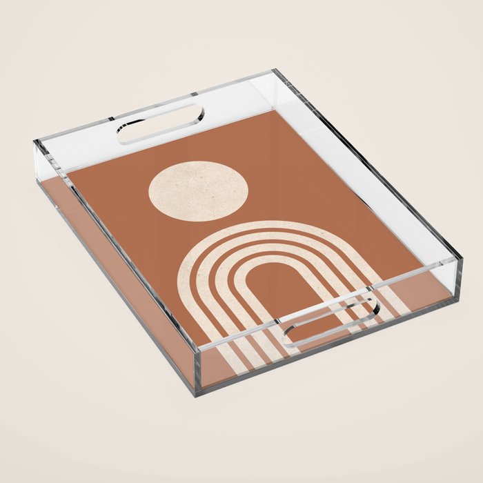 Mid century modern sun and rainbow on terracotta Acrylic Tray Gallery Image 1