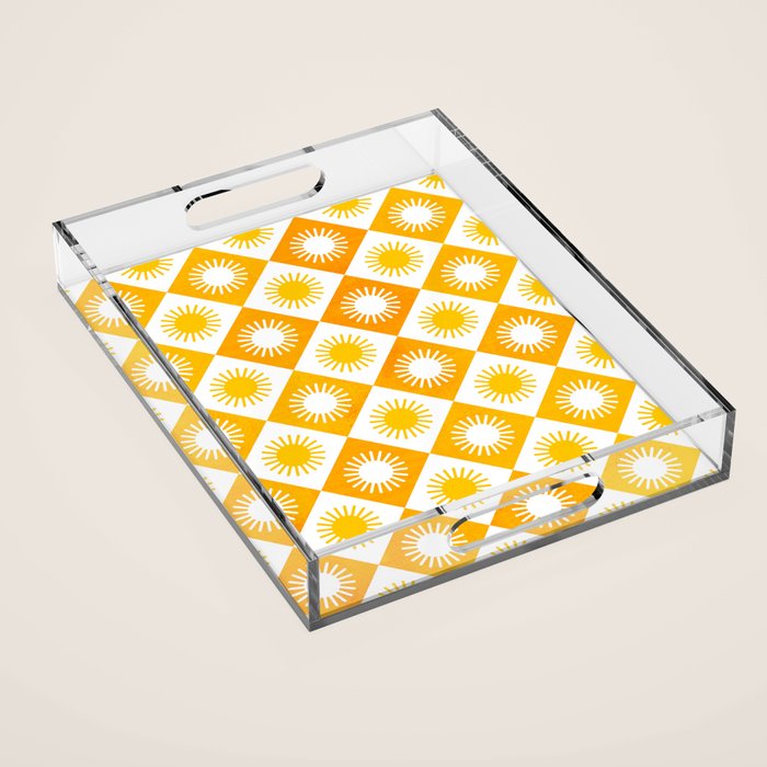 Retro Checkered Yellow Sun Pattern Acrylic Tray Gallery Image 1