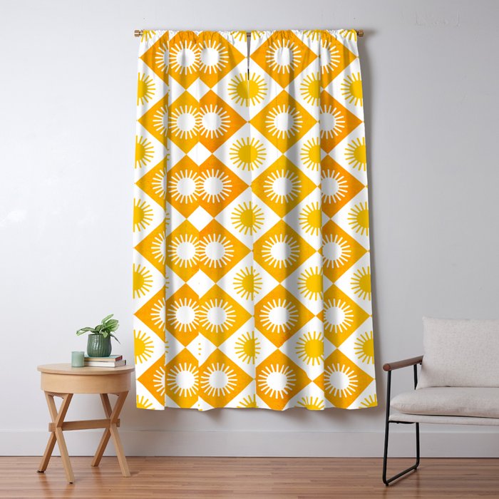 Retro Checkered Yellow Sun Pattern Window Curtain Gallery Image 5