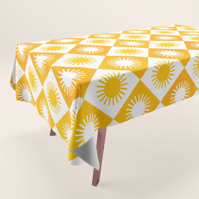 Retro Checkered Yellow Sun Pattern Tablecloth Gallery Image 1