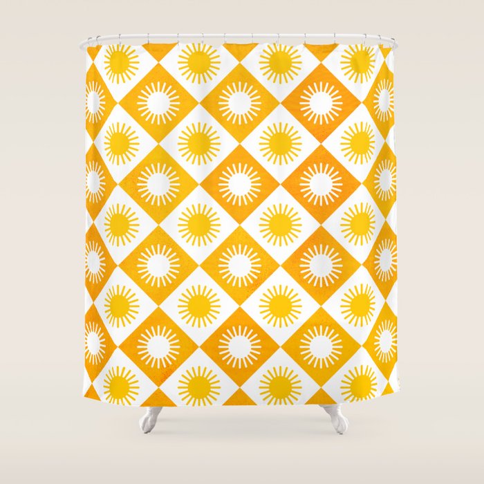 Retro Checkered Yellow Sun Pattern Shower Curtain Gallery Image 1