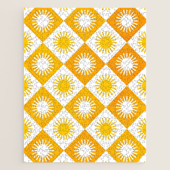Retro Checkered Yellow Sun Pattern Jigsaw Puzzle Gallery Image 1