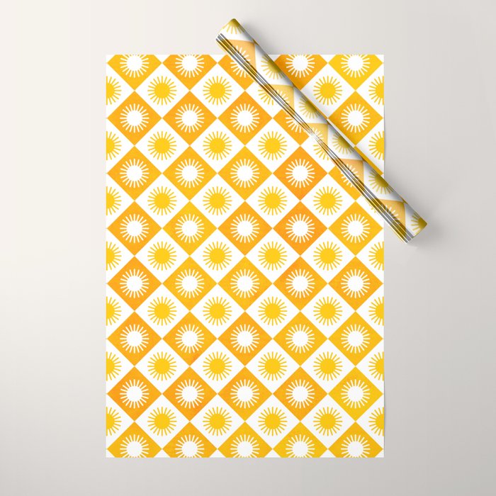 Retro Checkered Yellow Sun Pattern Wrapping Paper Gallery Image 1