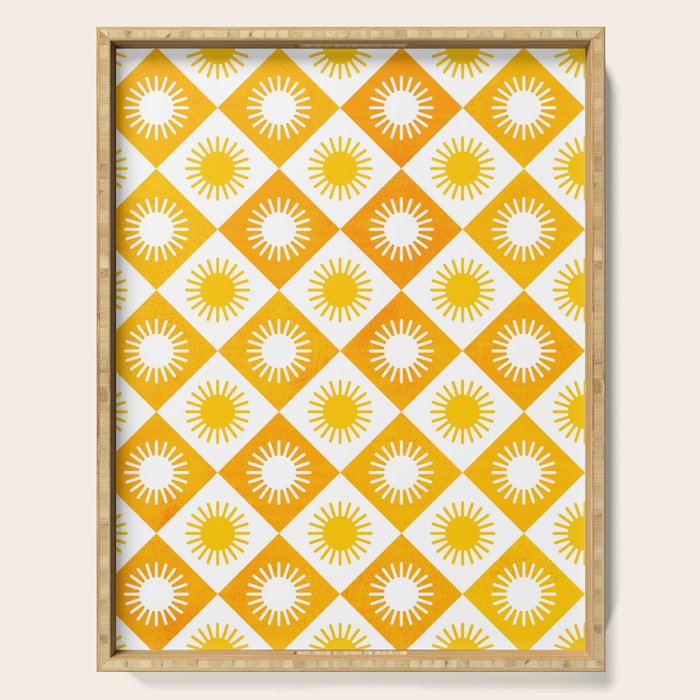Retro Checkered Yellow Sun Pattern Serving Tray Gallery Image 1