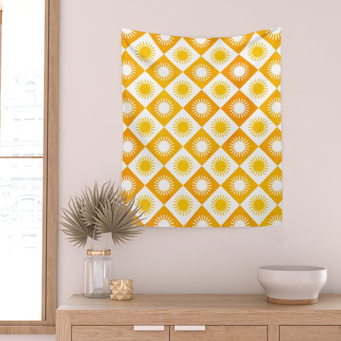 Retro Checkered Yellow Sun Pattern Wall Tapestry Gallery Image 2