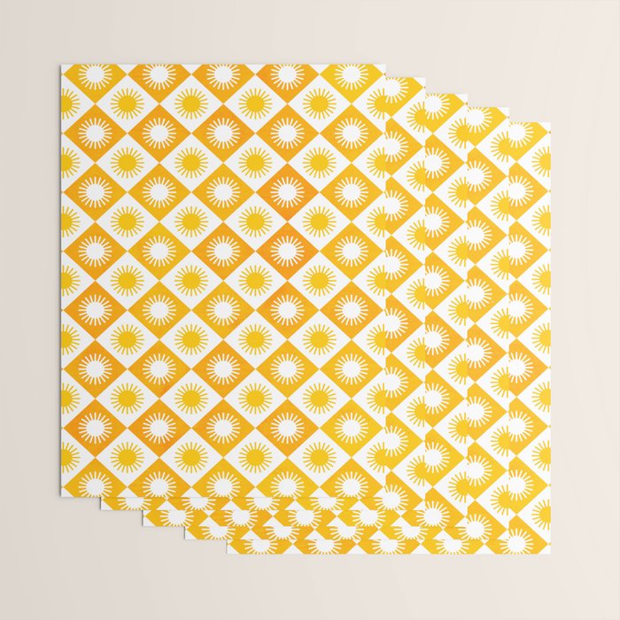 Retro Checkered Yellow Sun Pattern Wrapping Paper Gallery Image 3