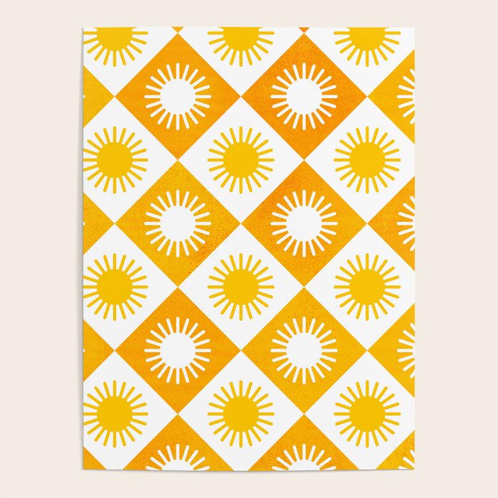 Retro Checkered Yellow Sun Pattern Poster Gallery Image 4