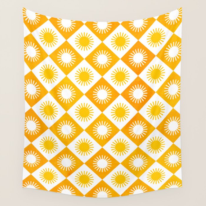 Retro Checkered Yellow Sun Pattern Wall Tapestry Gallery Image 4