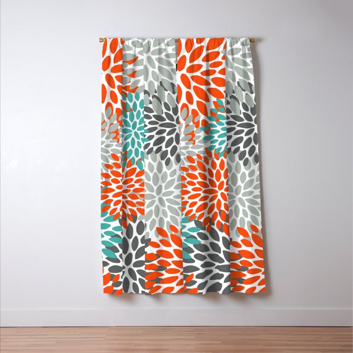 Floral Pattern, Abstract, Orange, Teal and Gray Window Curtain Gallery Image 3