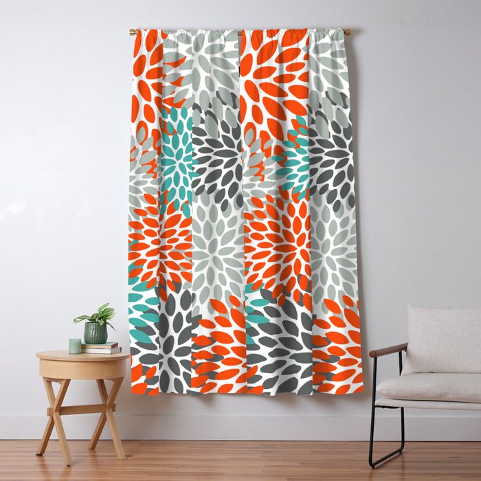 Floral Pattern, Abstract, Orange, Teal and Gray Window Curtain Gallery Image 5