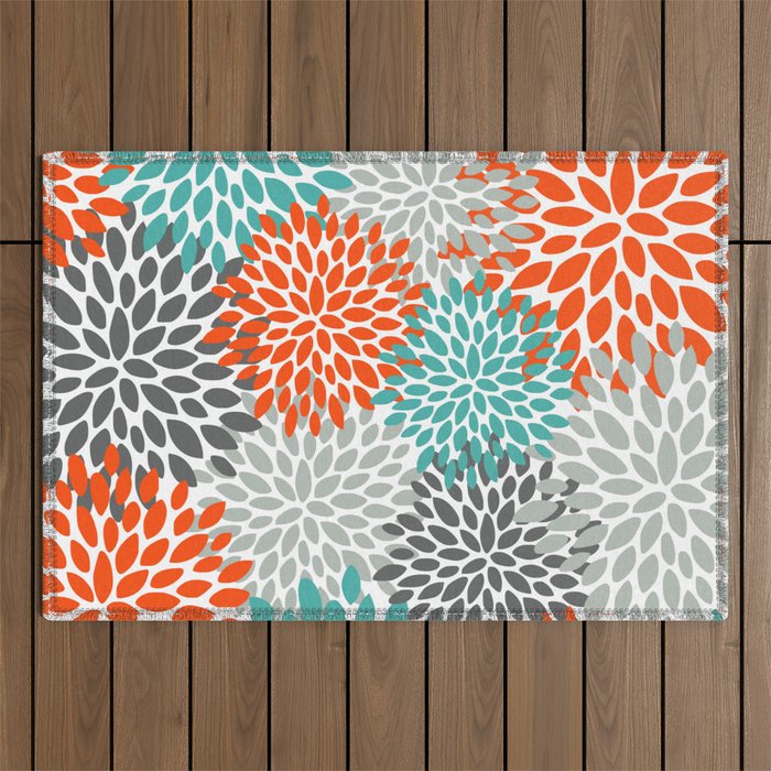 Floral Pattern, Abstract, Orange, Teal and Gray Outdoor Rug Gallery Image 1